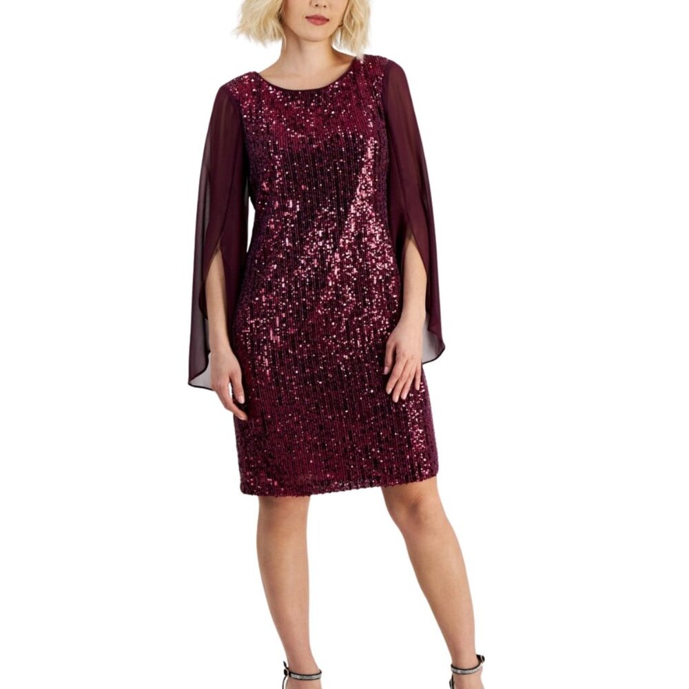 Connected Apparel 10P Purple Sequin Dress W/ Sheer Long Sleeves Polyester Evenin